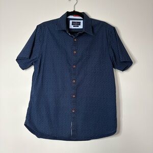 Across The Pond Mens Button Down 100% Cotton Shirt Size M Navy Blue Small Print